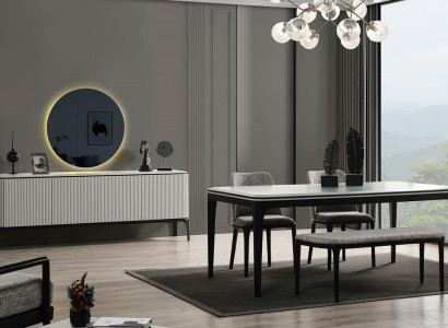 Dining room set 8 pieces. Dining table 4x chairs mirror sideboard stool light colour